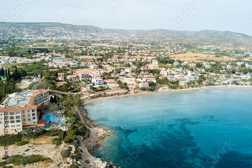 Fototapeta Naklejka Na Ścianę i Meble -  Aerial beautiful beach with crystal clear water, Coral Bay, Cyprus