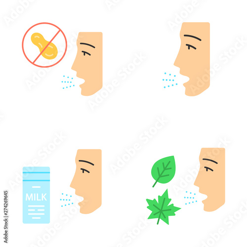 Allergies flat design long shadow color icons set