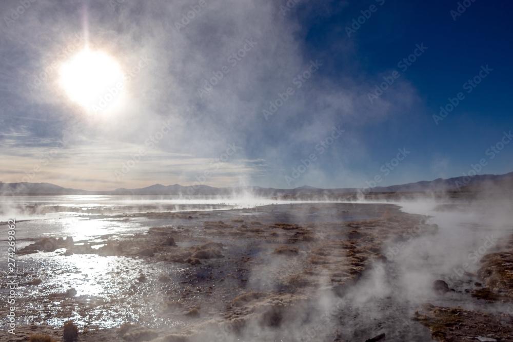 Aguas termales de Polques, hot springs with a pool of steaming natural thermal water in Bolivia Aguas termales de Polques, hot springs with a pool of steaming natural thermal water in Bolivia