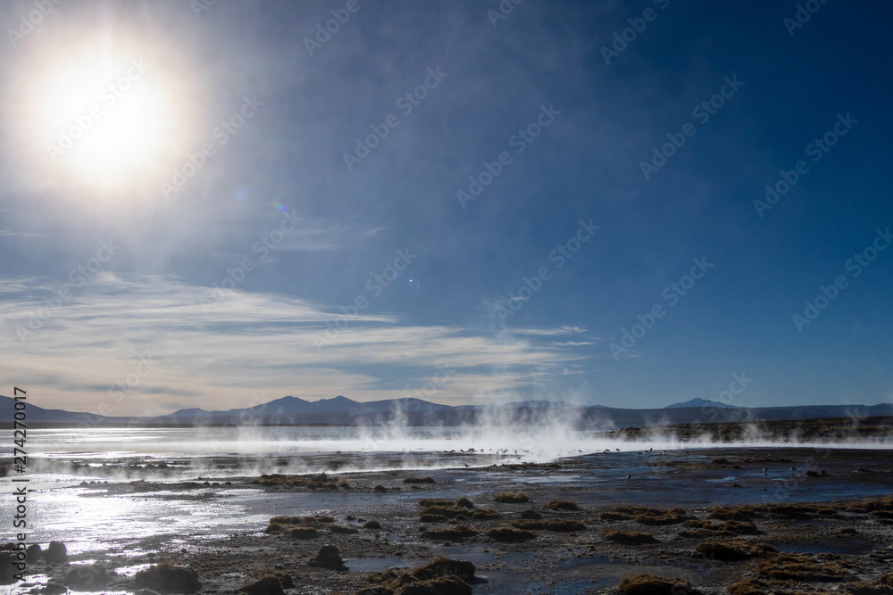 Aguas termales de Polques, hot springs with a pool of steaming natural thermal water in Bolivia Aguas termales de Polques, hot springs with a pool of steaming natural thermal water in Bolivia