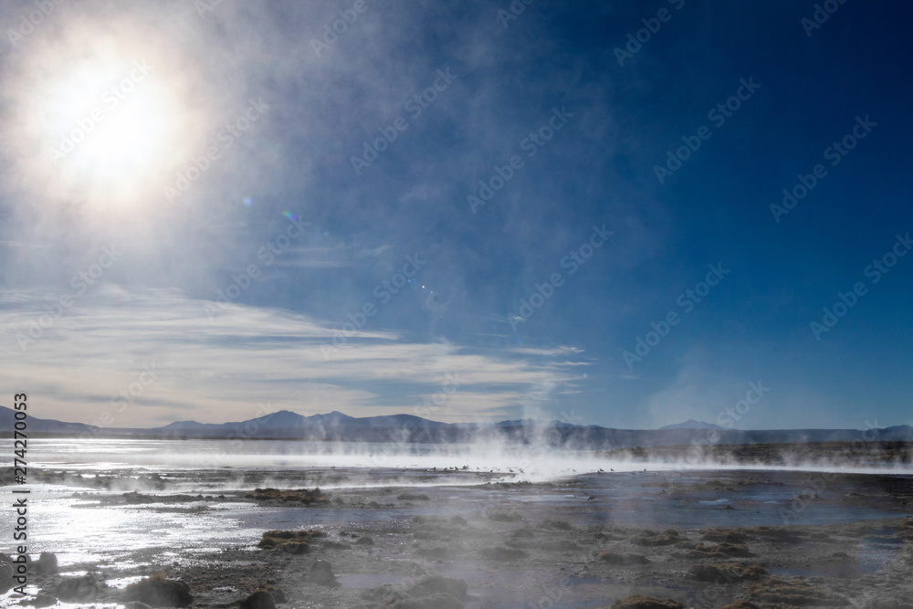 Aguas termales de Polques, hot springs with a pool of steaming natural thermal water in Bolivia