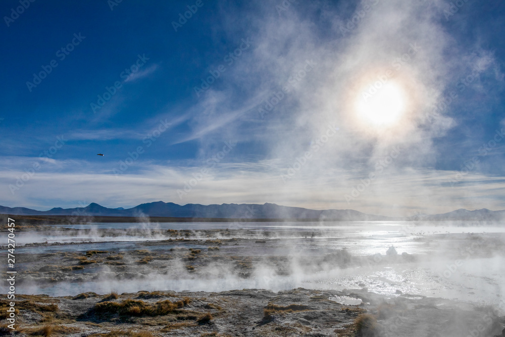 Aguas termales de Polques, hot springs with a pool of steaming natural thermal water in Bolivia