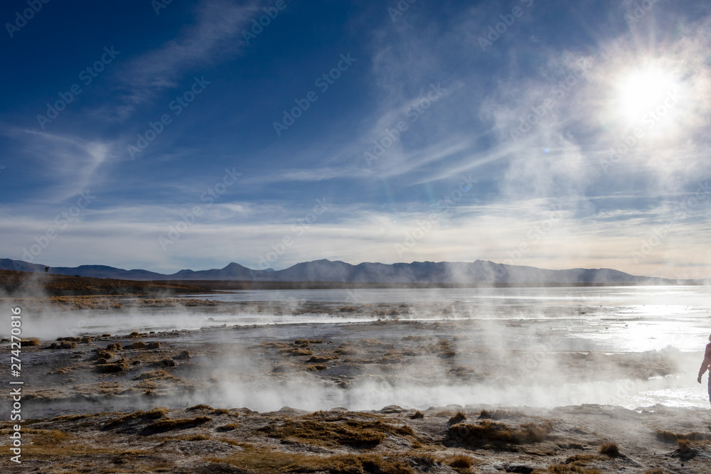 Aguas termales de Polques, hot springs with a pool of steaming natural thermal water in Bolivia