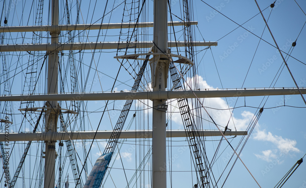 Detail view of the upper masts for the rigging of a large sailing ship, maritim Detail view of the upper masts for the rigging of a large sailing ship, maritim