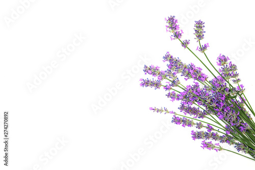 Fototapeta Naklejka Na Ścianę i Meble -  Lavender flowers pattern isolated on white background. Flat lay, top view, copy space. Selective focus.