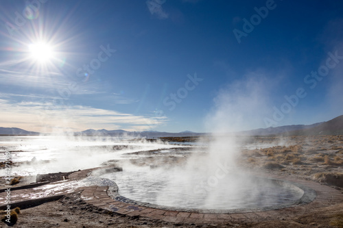 Aguas termales de Polques, hot springs with a pool of steaming natural thermal water in Bolivia