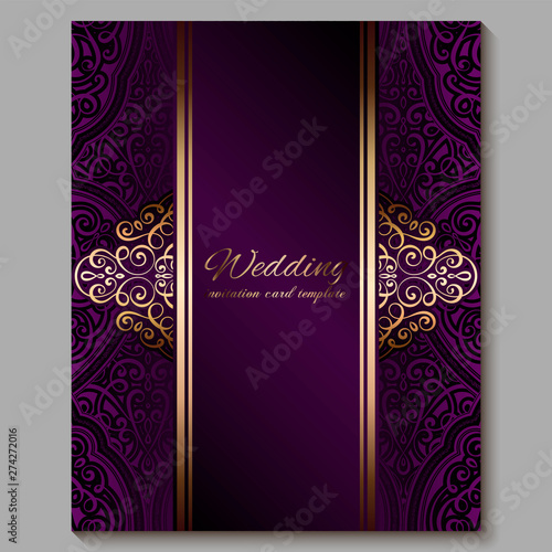 Wedding invitation card with gold shiny eastern and baroque rich foliage. Royal purple Ornate islamic background for your design. Islam, Arabic, Indian, Dubai.