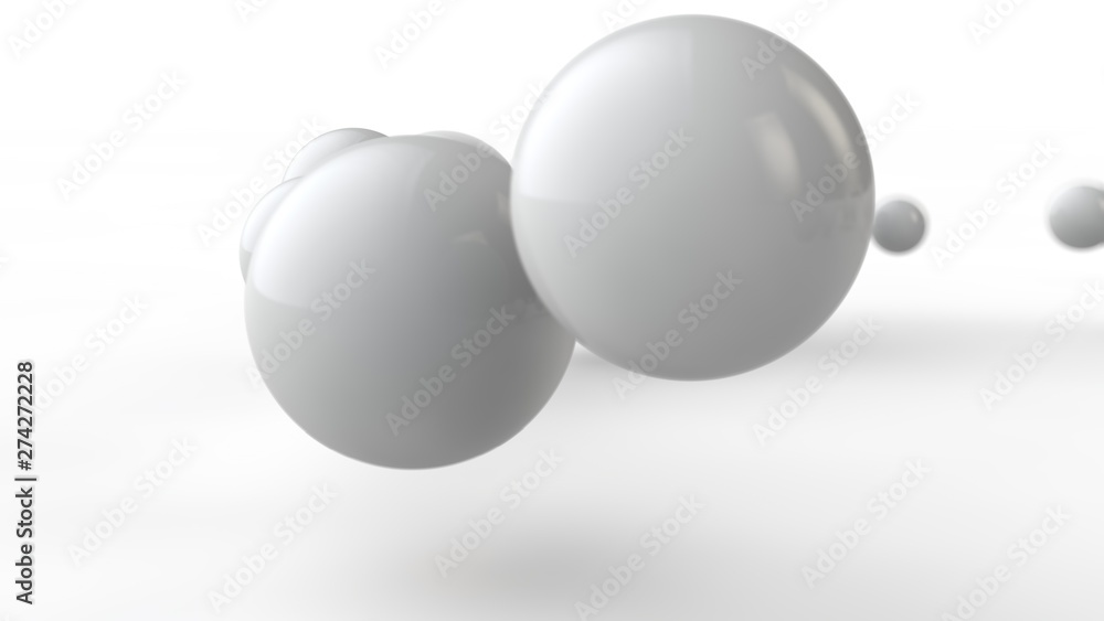 3D illustration of large and small white balls, spheres, geometric shapes isolated on a white background. Abstract, futuristic, the image of objects of ideal form. 3D rendering of the idea of order 3D illustration of large and small white balls, spheres, geometric shapes isolated on a white background. Abstract, futuristic, the image of objects of ideal form. 3D rendering of the idea of order