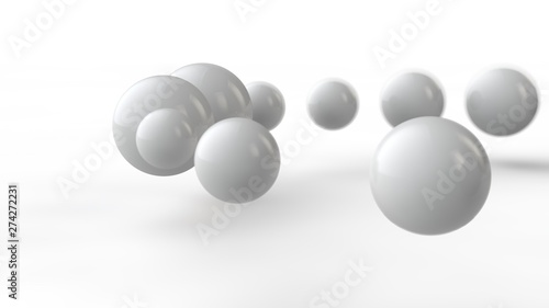 3D illustration of large and small white balls, spheres, geometric shapes isolated on a white background. Abstract, futuristic, the image of objects of ideal form. 3D rendering of the idea of order