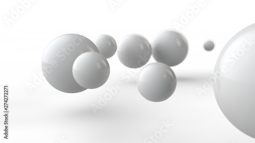 3D illustration of large and small white balls, spheres, geometric shapes isolated on a white background. Abstract, futuristic image of objects of perfect shape. 3D rendering
