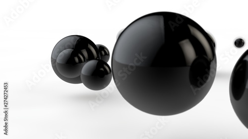 3D illustration of large and small black balls, spheres, geometric shapes isolated on a white background. Abstract, futuristic, cropped image of perfectly shaped objects. 3D rendering