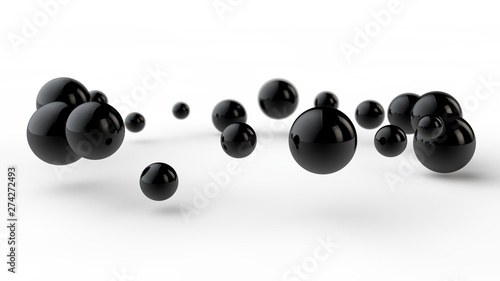 3D illustration of many small black balls, spheres arranged in a ring over a white surface receiving shadows. 3D rendering of abstract background, futuristic design, perfect geometric bodies.