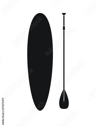 Vector flat black icon logo of stand up paddle surf board isolated on white background