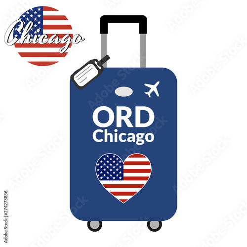 Luggage with airport station code IATA or location identifier and destination city name Chicago, ORD. Travel to the United States of America concept. Heart shaped flag of the USA on the baggage.