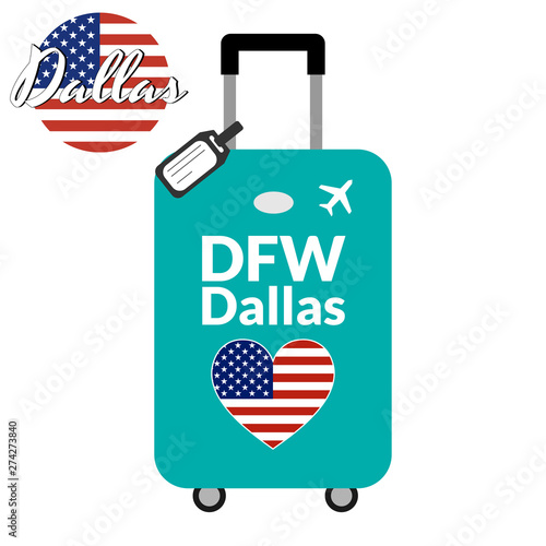 Luggage with airport station code IATA or location identifier and destination city name Dallas, DFW. Travel to the United States of America concept. Heart shaped flag of the USA on the baggage.