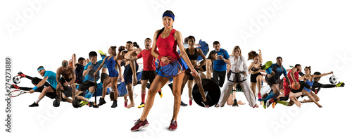 Sport collage. Tennis, soccer, taekwondo, fitness, bodybuilding, fighter and basketball players