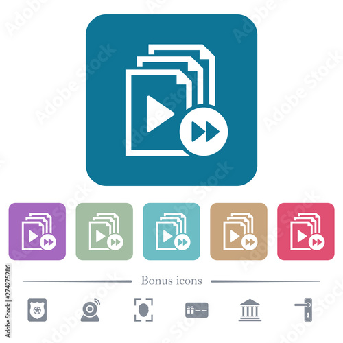 Playlist fast forward flat icons on color rounded square backgrounds