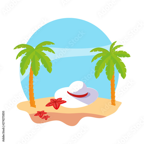 summer beach with palms and female hat scene