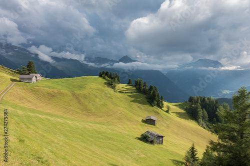 Almhütten auf einer gemähten Bergwiese in den Alpen