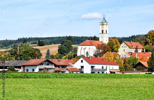 Cityscape of the Bavarian health resort Bad Birnbach with the late gothic parish church Maria Himmelfahrt (Germany)