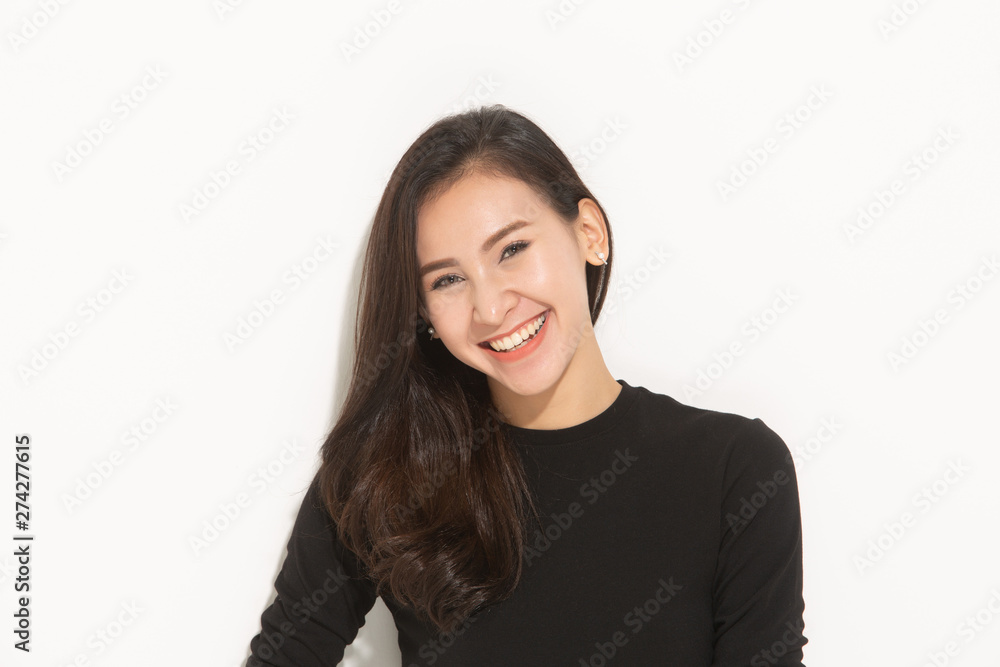 close-up portrait young pretty woman smiling in black t-shirt on white background, happy, positive mood, isolated close-up portrait young pretty woman smiling in black t-shirt on white background, happy, positive mood, isolated