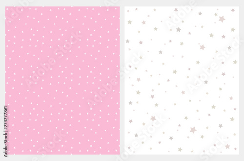 2 Cute Stars Vector Patterns. Irregular Hand Drawn Simple Starry Repeatable Design for Textile, Wrapping Paper, Card, Printing. Infantile Style Pink and White Sky. Confetti Rain of Star Shape. 