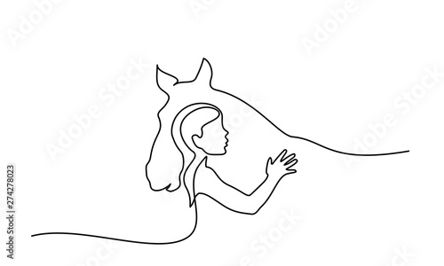 One line drawing. Horse and woman heads logo