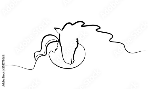 One line drawing. Horse and woman heads logo
