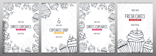 Cupcakes and Cakes banner with sketches hand drawing background.
