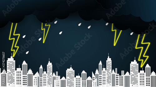 Cloud and rain on blue background city heavy rain, rainy season sky and lightning,