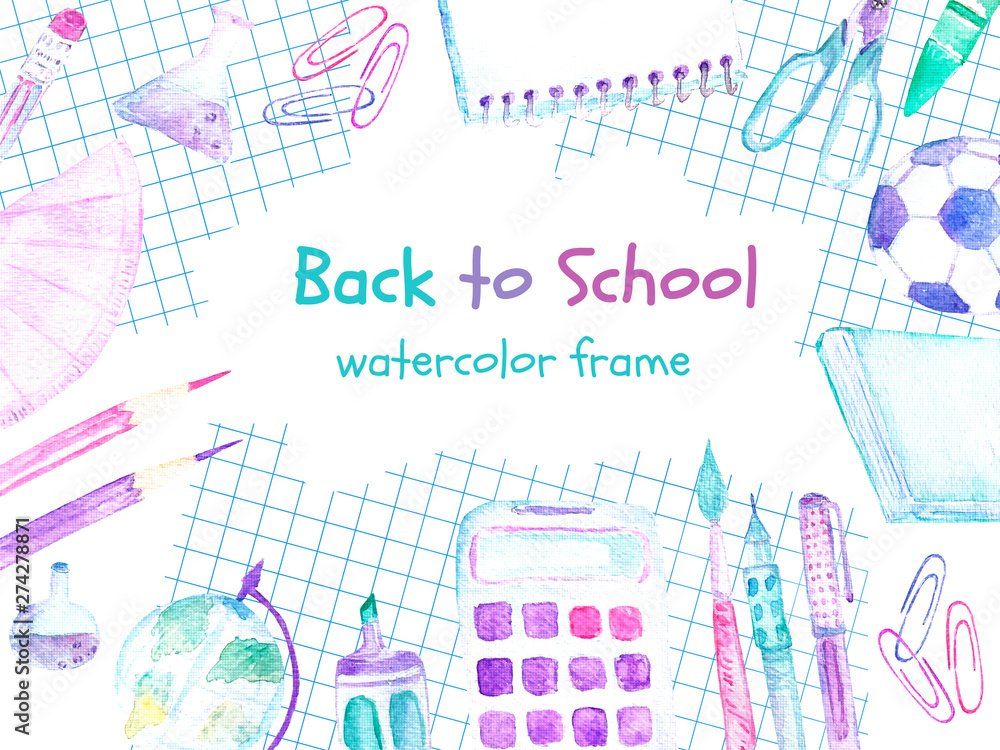 Back to school watercolor banner with colorful school supplies