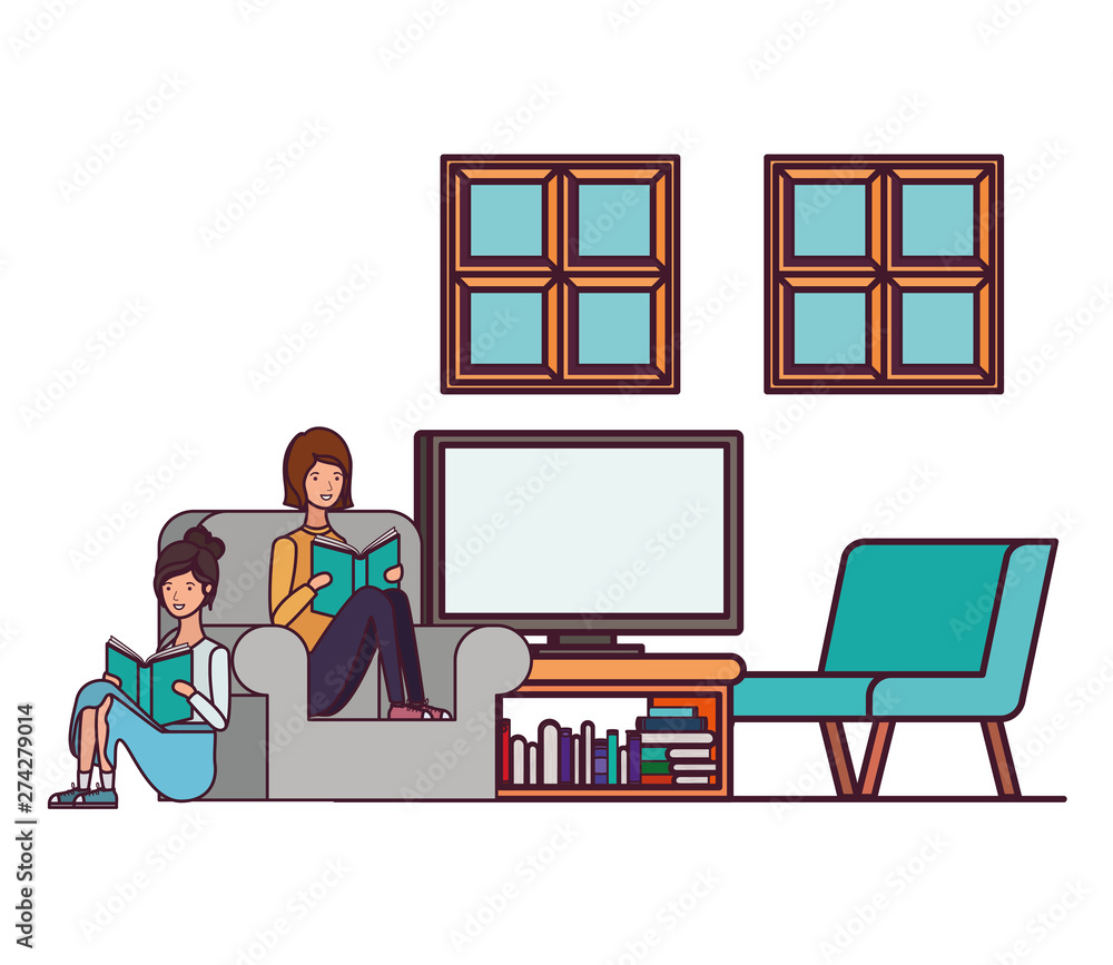 Obraz women with book in hands in living room