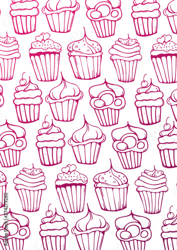  Sketches Cupcakes Background. Birthday cakes, desserts, hand drawing style.