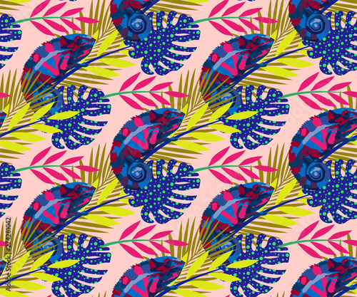 Tropical wildlife, chameleon seamless pattern. Hand Drawn jungle nature, flowers illustration. Print for textile, cloth, wallpaper, scrapbookingAbstract_071 © Artmirei