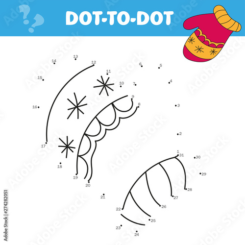 Vector dot to dot game. Connect dots for numbers. Mitten - coloring book