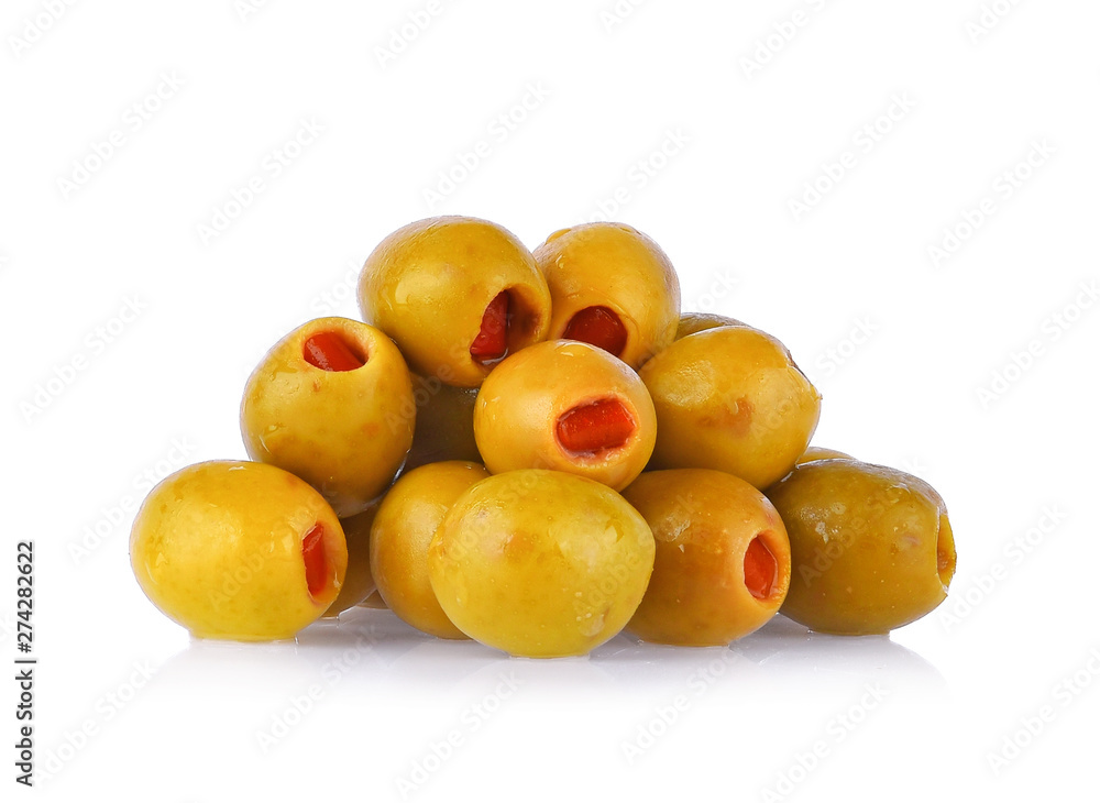 green olives stuffed with pimiento paste on white background green olives stuffed with pimiento paste on white background