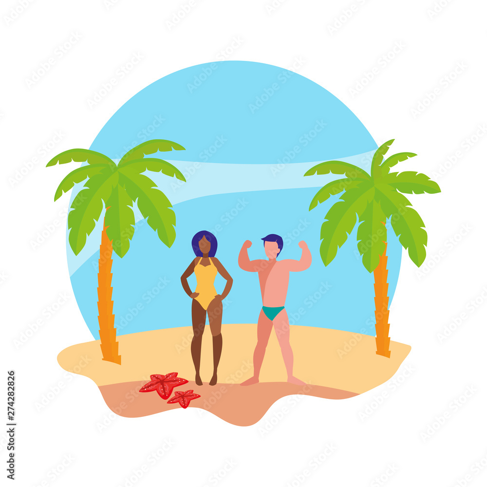 young interracial couple on the beach summer scene