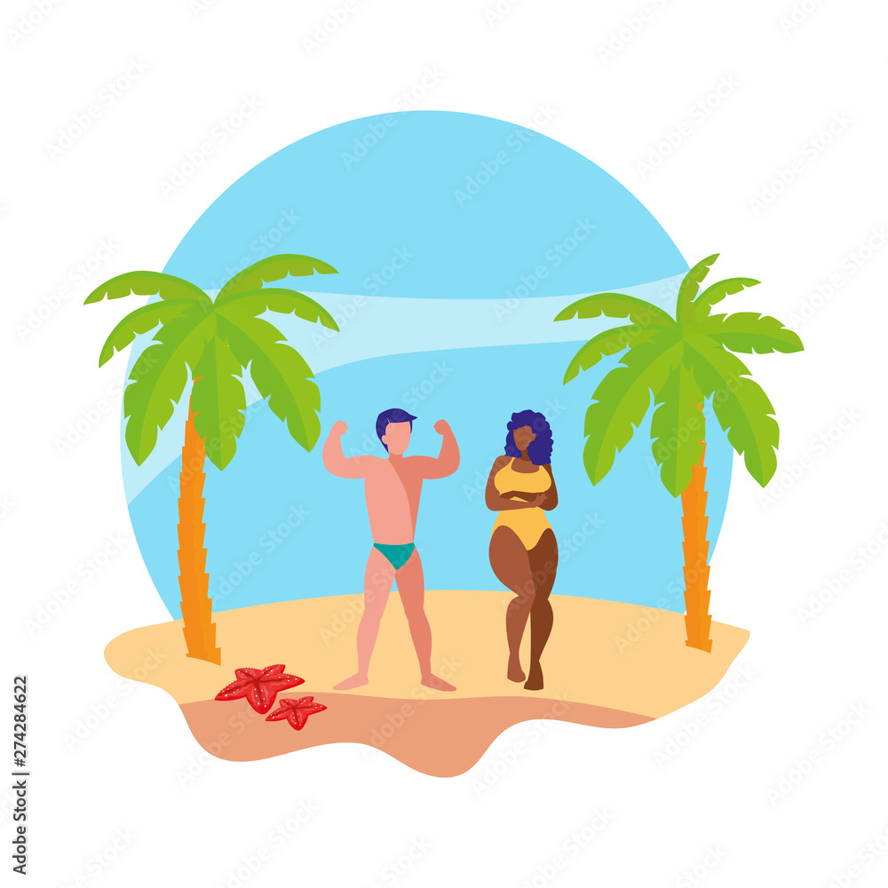 young interracial couple on the beach summer scene
