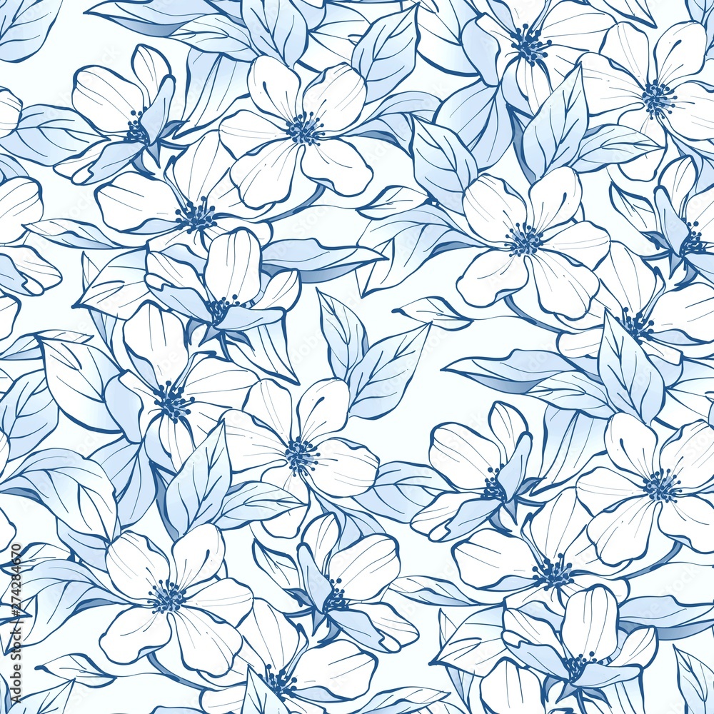 Seamless floral pattern with white flowers. Spring monochromebackground