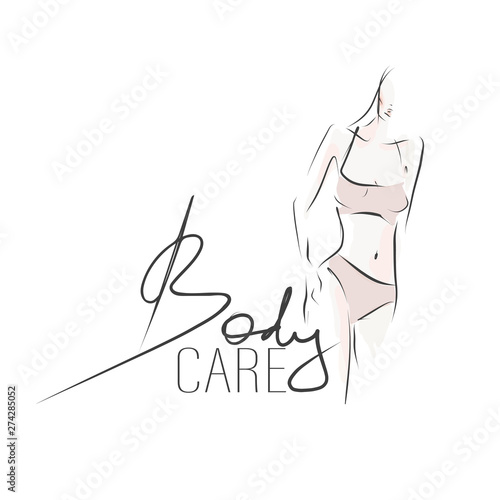 Slender body of young woman in lingerie.  Female silhouette, sketch. Body care concept. Vector