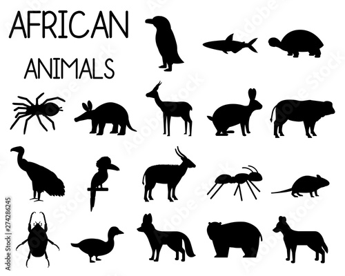 African animal silhouettes set of icons in flat style, African fauna, dwarf goose, African vulture, buffalo, gazelle Dorcas, etc. vector illustration photo
