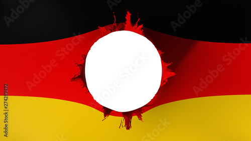 Hole cut in the flag of Germany, white background, 3d rendering