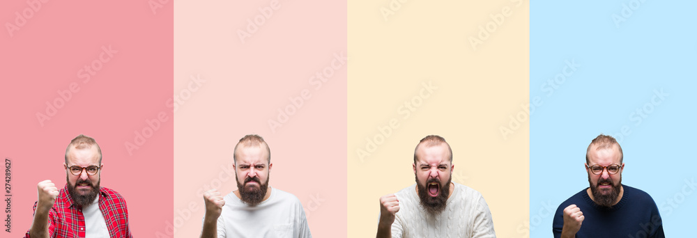 Obraz premium Collage of young man with beard over colorful stripes isolated background angry and mad raising fist frustrated and furious while shouting with anger. Rage and aggressive concept.