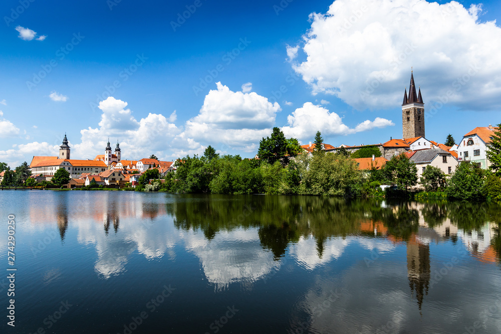 View of Telc across pond with reflections, Unesco world heritage site, South Moravia, Czech Republic. View of Telc across pond with reflections, Unesco world heritage site, South Moravia, Czech Republic.