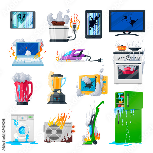 Broken appliances, home damaged equipment and gadgets