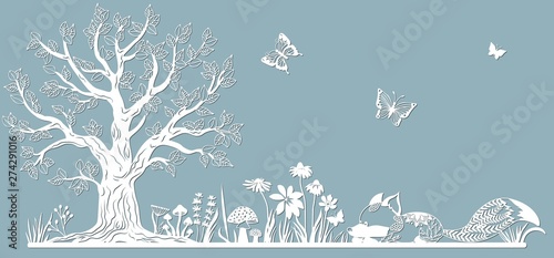 Template glade for to cut with a laser from paper. Line with mushrooms, grass, and butterflies, wood and flowers. For decoration and design. Template for laser cutting and Plotter. Vector illustration