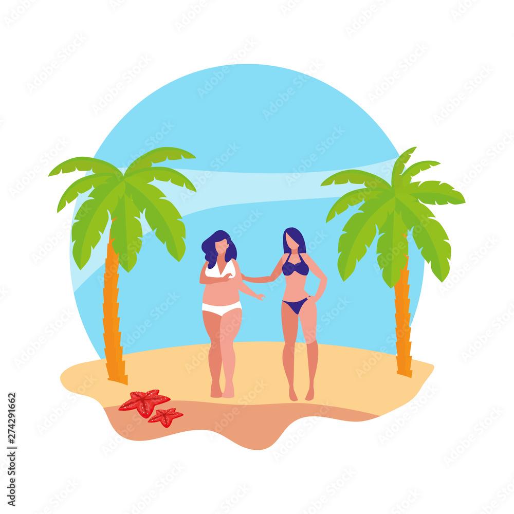 young girls couple on the beach summer scene