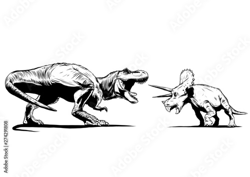 T Rex Versus Triceratops illustration with a tyrannosaurs rex attacking a triceratops dinosaur