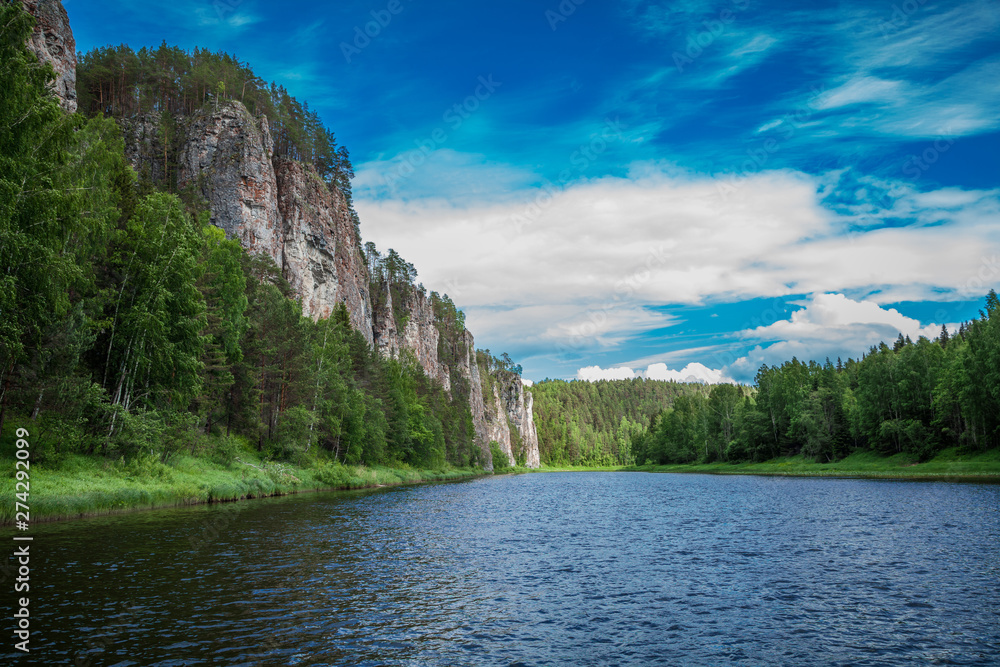 Fototapeta premium Forest massif with mountains and river