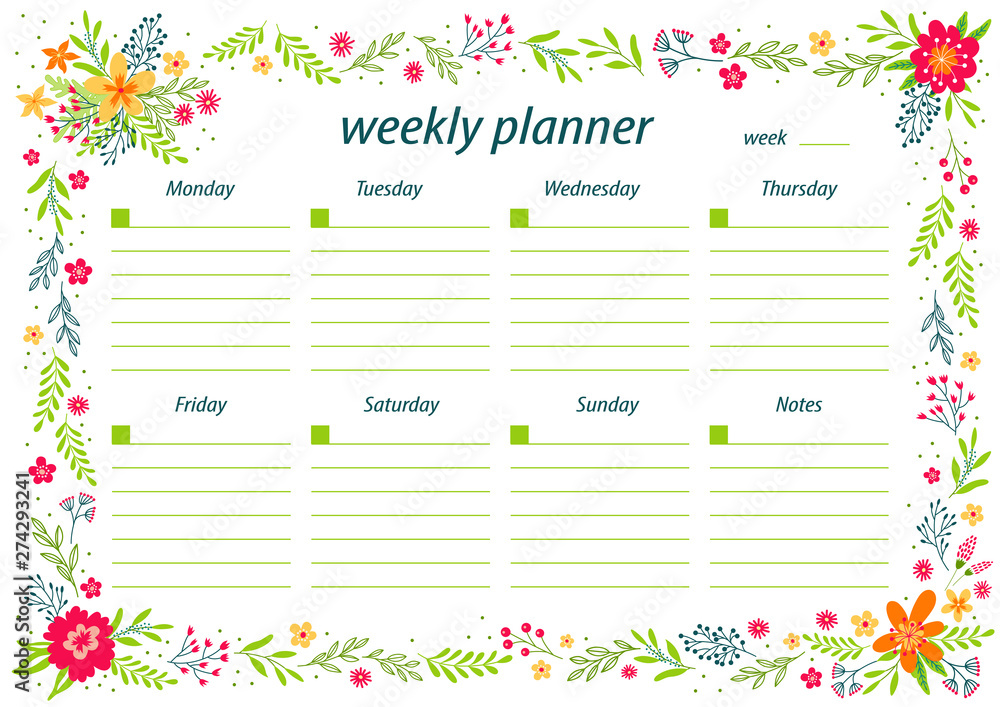 School timetable and weekly schedule vector template. Student lesson plans  with cute flowers on background. Education design - Vector Stock Vector |  Adobe Stock